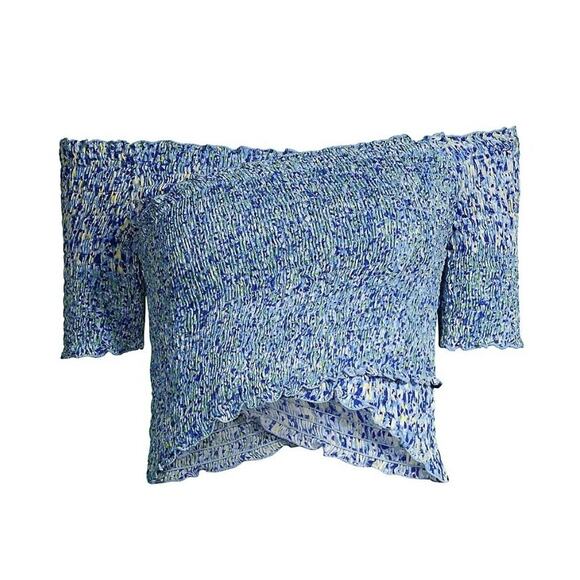 Poupette St Barth Soledad Off The Shoulder Top Smocked Crossover Blue Crop Shirt - Picture 1 of 8